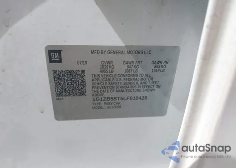 2020 Chevrolet Malibu Fwd Ls z USA, uszkodzony, nr VIN 1G1ZB5ST5LF010426